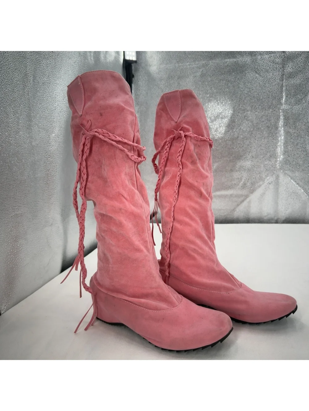 Pink Suede Slouchy Knee High Rubber Boots Y2K Braided Fringe Tassel Flat Boot